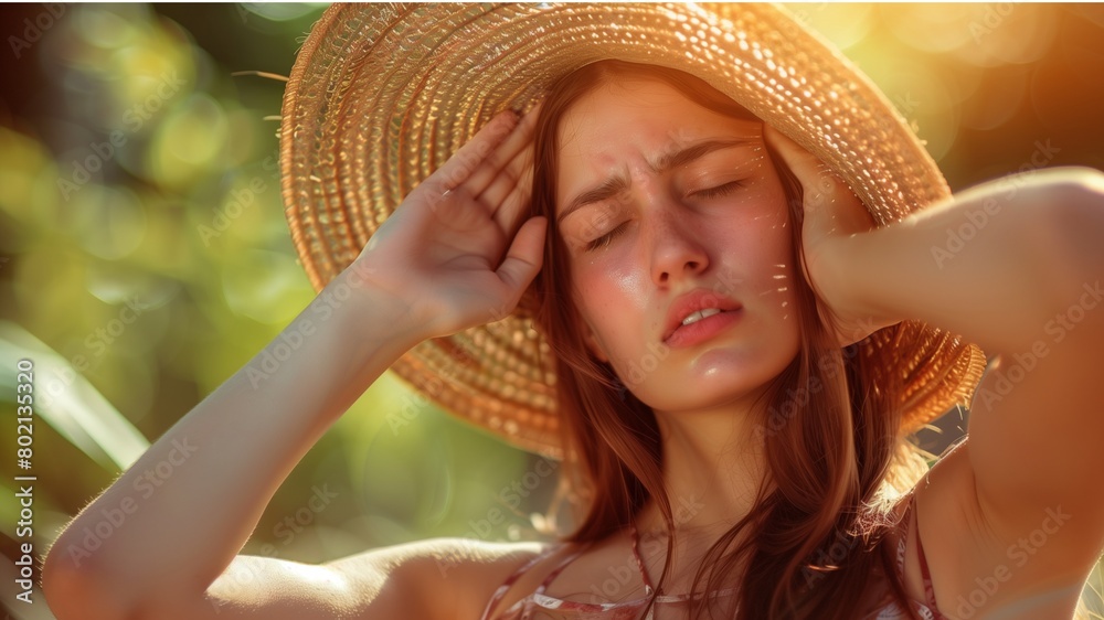 Young woman is suffering from heat, woman with heatstroke at summer hot weather, Dangerous of the sun concept