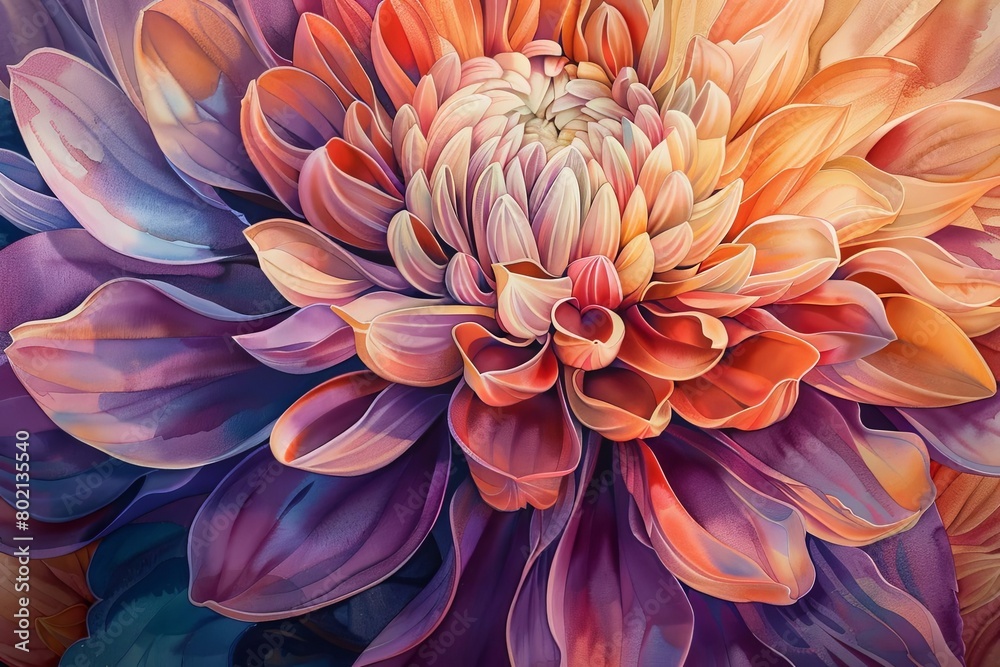 A watercolor painting of a dahlia with vibrant colors. The petals are a mix of oranges, purples, and blues. A watercolor painting of a dahlia with vibrant colors. The petals are a mix of oranges, purples, and blues.