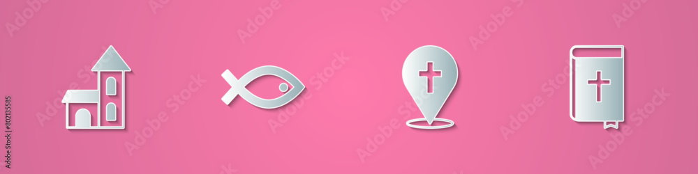 Fototapeta premium Set paper cut Church building, Christian fish symbol, Location church and Holy bible book icon. Paper art style. Vector