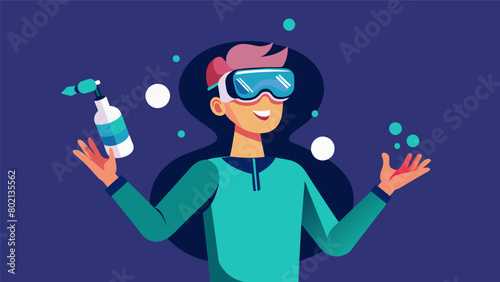 A person holding a VR controller in one hand and a small ketamine nasal spray in the other demonstrating the users ability to control their virtual.