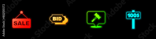Set Price tag with Sale, Bid, Auction hammer and Hand holding auction paddle icon. Vector