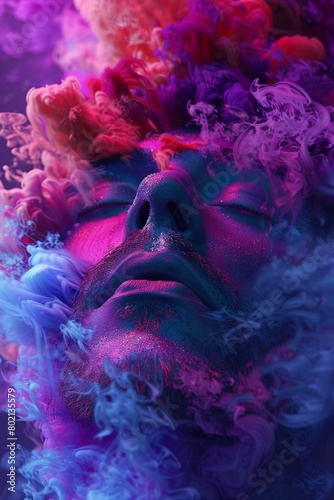3D visualization of a face eroding away amidst a vivid spray of chromatic vapors. photo