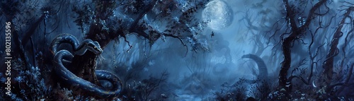 A dark and mysterious forest with a full moon in the background
