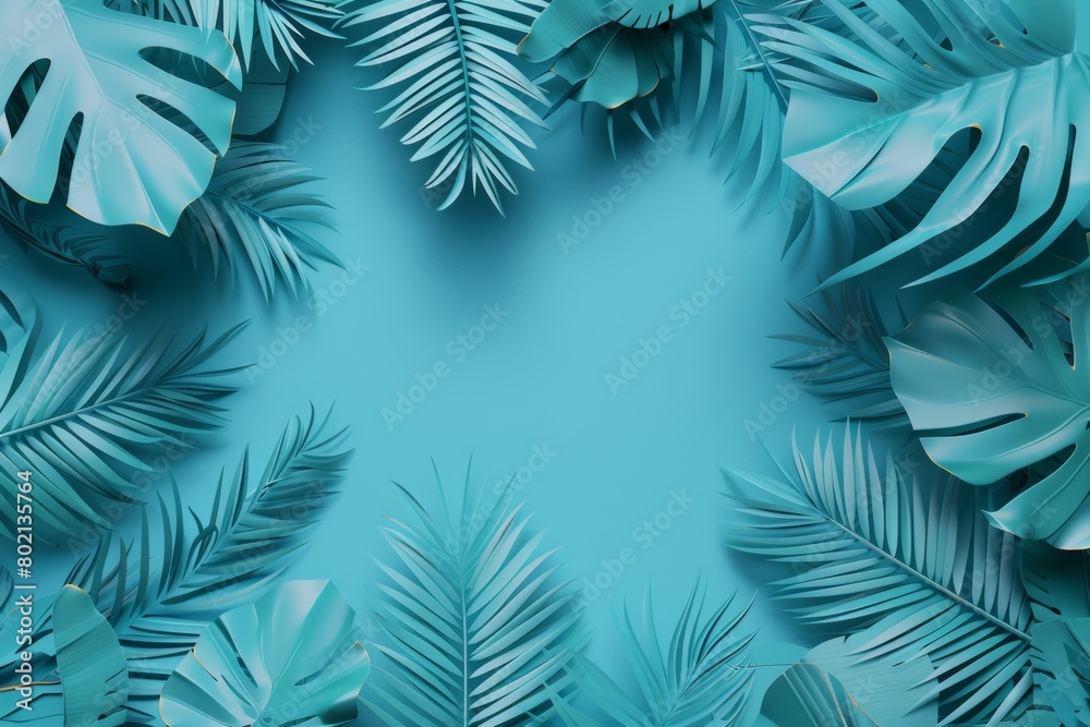 A cool teal monochrome background featuring a lush arrangement of tropical leaves, perfectly designed for visual impact with generous copy space, suitable for vibrant, modern graphic projects. A cool teal monochrome background featuring a lush arrangement of tropical leaves, perfectly designed for visual impact with generous copy space, suitable for vibrant, modern graphic projects.