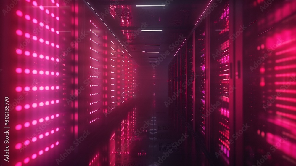 Fototapeta premium 8K abstract view of a data center, featuring database storage in racks, cloud computing and networking.