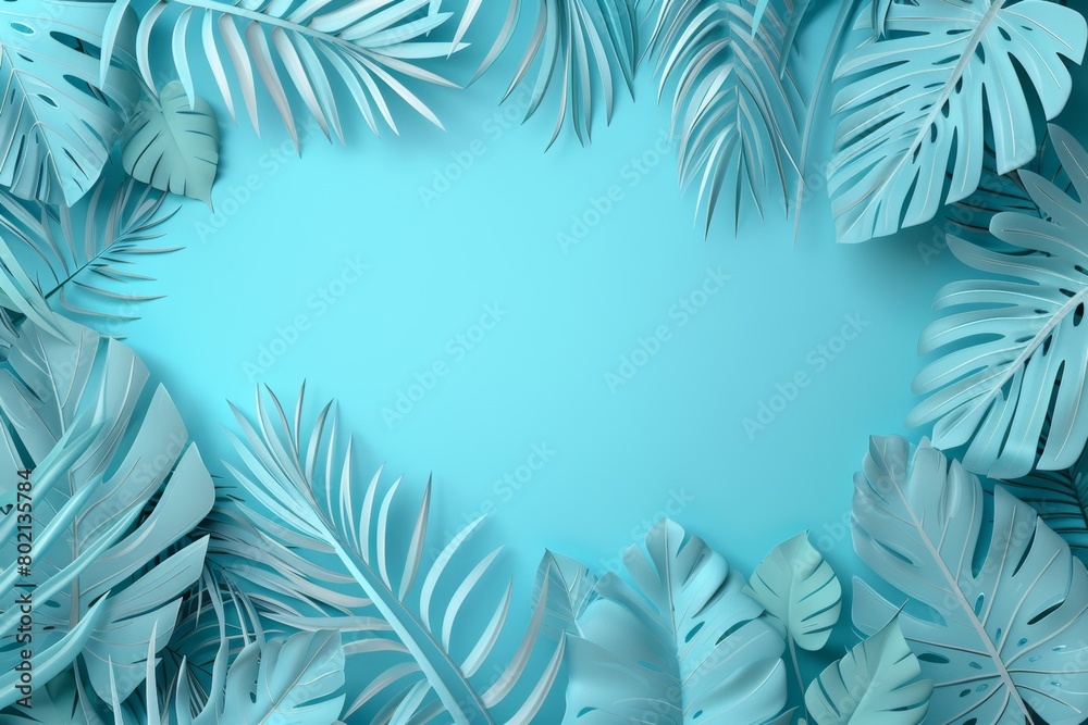 A cool teal monochrome background featuring a lush arrangement of tropical leaves, perfectly designed for visual impact with generous copy space, suitable for vibrant, modern graphic projects.