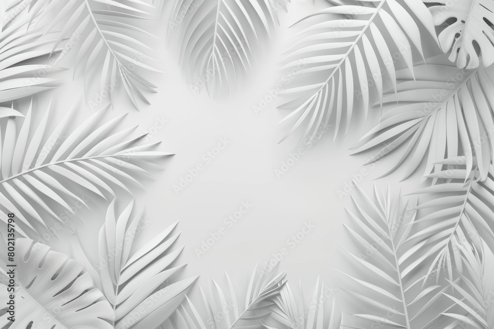 This image showcases an elegant display of white tropical leaves arranged to create a serene and sophisticated backdrop with central copy space, ideal for branding or editorial designs that require a 