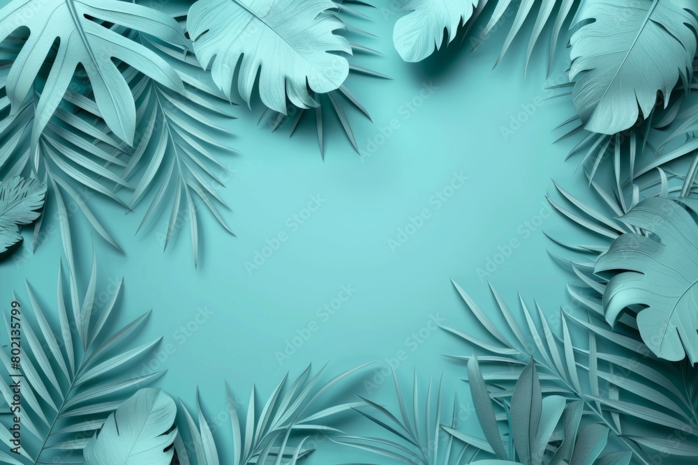 A cool teal monochrome background featuring a lush arrangement of tropical leaves, perfectly designed for visual impact with generous copy space, suitable for vibrant, modern graphic projects. A cool teal monochrome background featuring a lush arrangement of tropical leaves, perfectly designed for visual impact with generous copy space, suitable for vibrant, modern graphic projects.