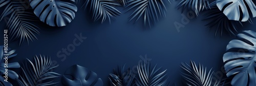 A deep blue background with a lush frame of tropical leaves, centered around a vast copy space, perfect for corporate or artistic designs needing a bold and authoritative visual.