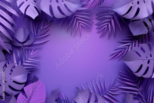 This image showcases a luxurious arrangement of tropical leaves in varying shades of purple, offering a large central copy space for text or other elements. Ideal for stylish, modern design projects t