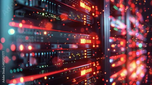 abstract view of a data center, featuring database storage in racks. © GraphzTain
