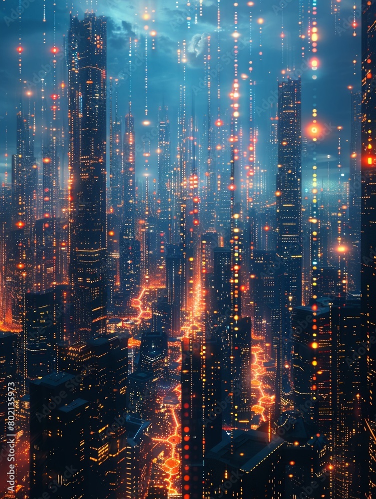 A technologically advanced urban cityscape transformed by quantum computing.
