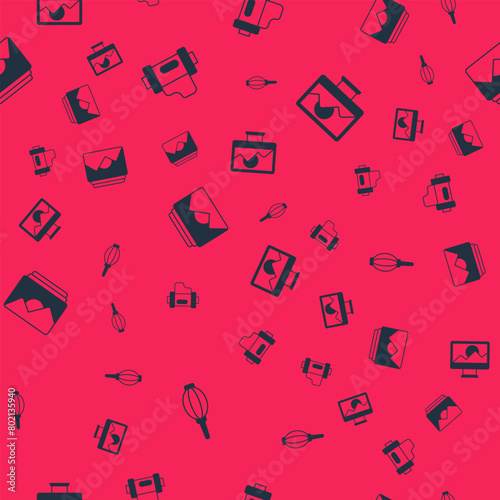 Set Dust blower, Camera film roll cartridge, Photo frame and retouching on seamless pattern. Vector