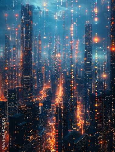 A technologically advanced urban cityscape transformed by quantum computing.
