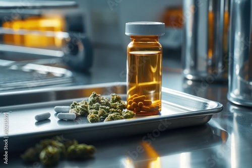A hospital tray holding a bottle of cannabis capsules to traditional medication. the acceptance and integration of cannabis into mainstream medical treatments.
