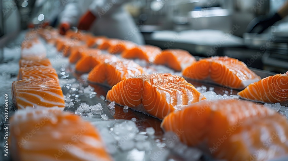 A row of fish on a conveyor belt A row of fish on a conveyor belt