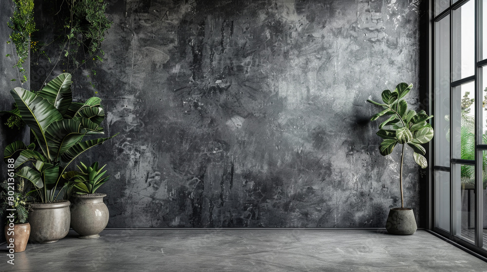 A large empty room with a grey wall and two potted plants. The plants are placed on either side of the room, with one on the left and one on the right. The room has a minimalist feel