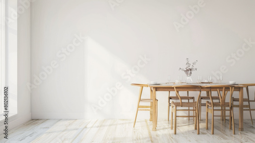 A large wooden dining table with six chairs is set up in a room with a white wall. The table is empty, and there is a vase with flowers on it. The room is bright and airy