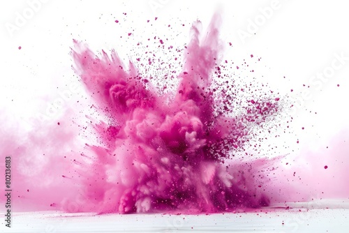 Artistic display of exploding magenta chalk, sharply contrasted with a white background
