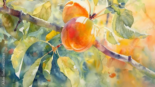 A watercolor painting of two peaches on a branch