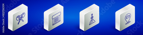 Set Isometric line Crossed medieval axes, Decree, parchment, scroll, Sword in the stone and Location king crown icon. Vector
