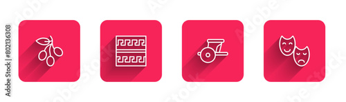 Set line Olives branch, Ancient Greek pattern, chariot and Comedy and tragedy masks with long shadow. Red square button. Vector