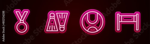 Set line Medal, Rubber flippers for swimming, Tennis ball and Volleyball net. Glowing neon icon. Vector