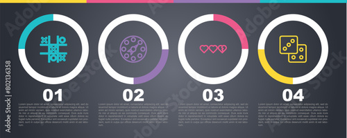Set line Tic tac toe game, Twister, Hearts for and Game dice. Business infographic template. Vector