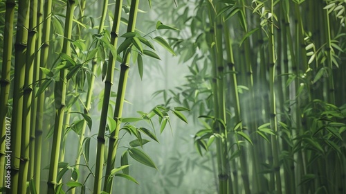 Bamboo grove  rich green stalks and leaves  3D digital rendering.