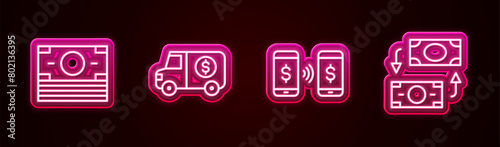 Set line Stacks paper money cash, Armored truck, Money payment transfer and exchange. Glowing neon icon. Vector
