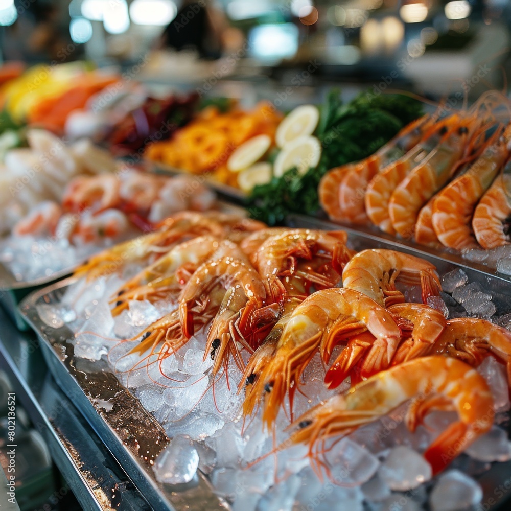 A table full of seafood, including shrimp, scallops, and oysters