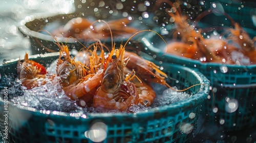 A group of shrimp are in a blue bowl with water