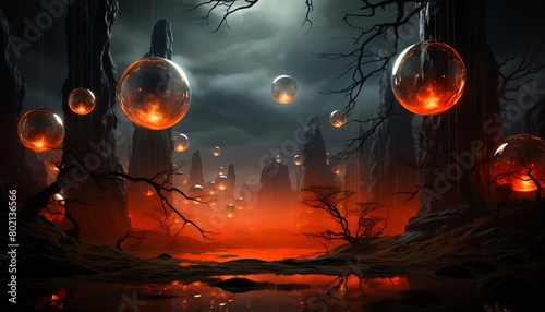 Surreal graphic design stock photo featuring floating glowing orbs over an eerie, dark landscape, symbolizing magic and the unknown