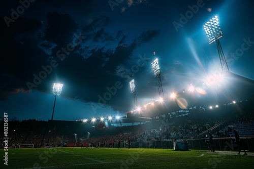 A vibrant scene at a packed stadium as fans cheer during a thrilling soccer match under bright floodlights