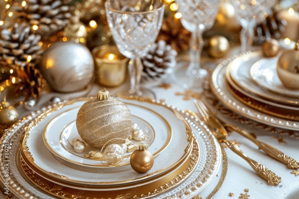 A festive Christmas table set with gold and silver decorations, including elegant dinnerware and sparkling accents