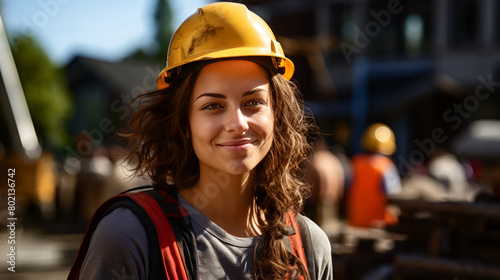 Confident Female Construction Worker at a Building Site. Generative ai.