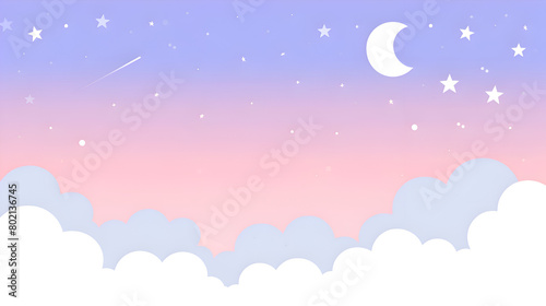 A sky with a purple and blue background and a white moon. The sky is filled with stars and a shooting star. Generative AI