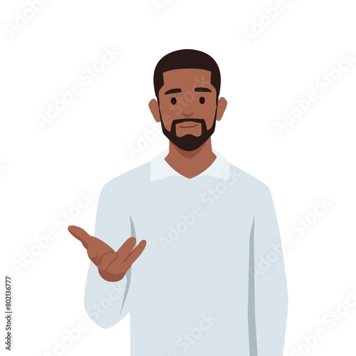 Young black man standing and talking with hand gesture trying to convict. Flat vector illustration isolated on white background