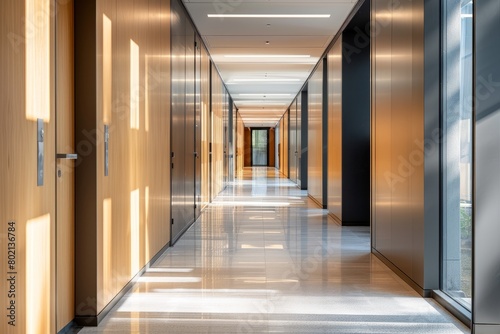 A sleek, modern office corridor with abundant natural light, featuring glass doors leading to another room