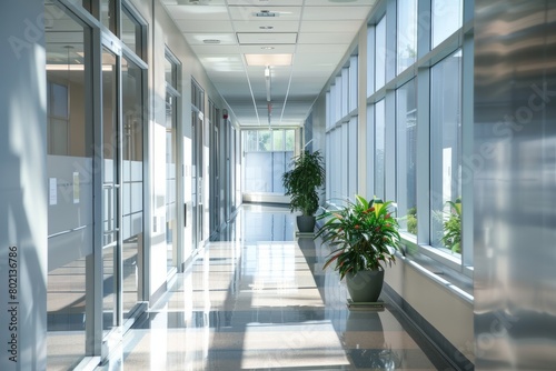 A sleek, modern office corridor illuminated by natural light, featuring a potted plant next to it