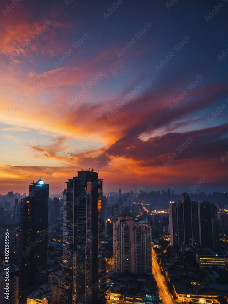 Urban Sunset Skyline, Abstract Cityscape with Heavenly Twilight Sky.