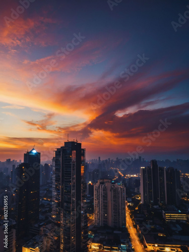 Urban Sunset Skyline, Abstract Cityscape with Heavenly Twilight Sky.