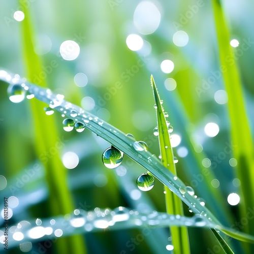 closeup of fresh green grass blades glittering with dew drops nature background softly blurred for