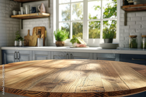 Empty Round Wood Tabletop Counter in Bright Kitchen