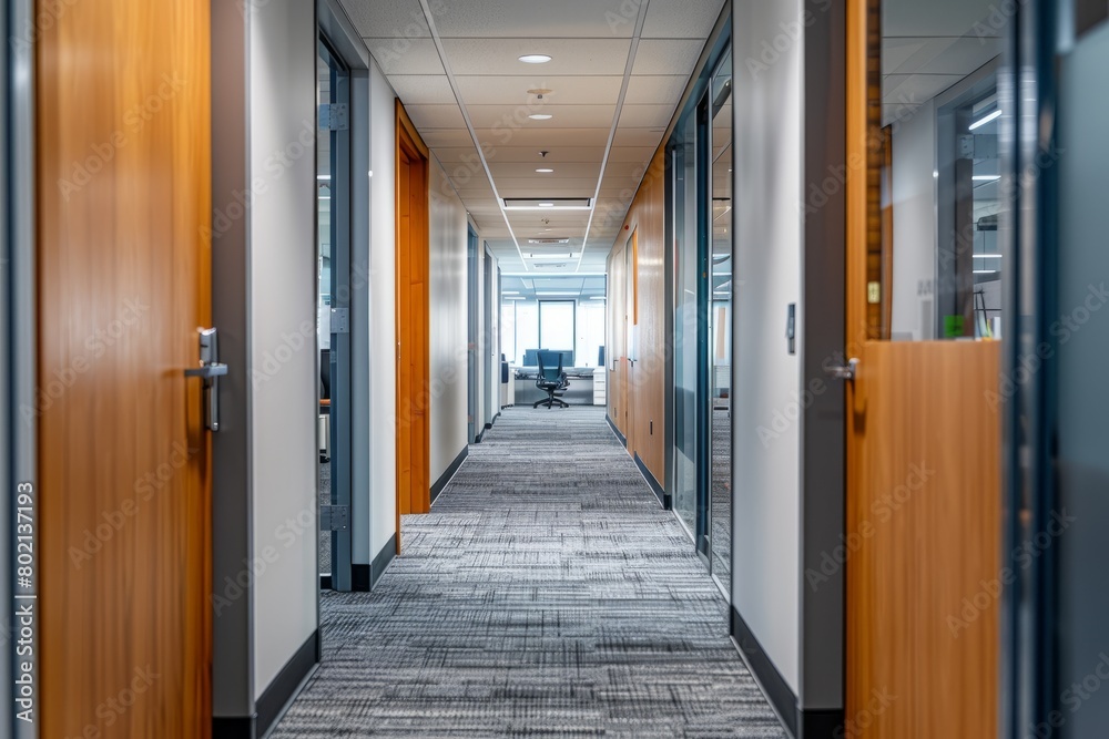 A perspective view down a long hallway in a modern office building, guiding the viewers eye towards the office entrance