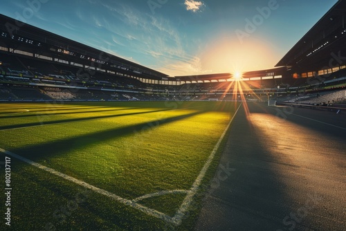 A soccer field with the sun setting in the background, creating a warm glow over the stadium