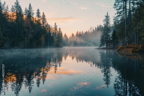 A mist-covered lake nestled among trees in the early morning light © Ilia Nesolenyi