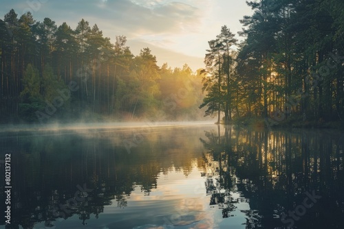 A serene lake enveloped in fog with trees lining its banks, creating a mystical atmosphere as the sunrise reflects on the water