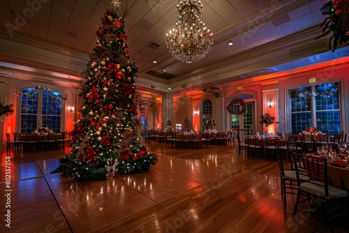A panoramic view of a beautifully decorated Christmas tree with twinkling lights in a banquet room during a festive occasion © Ilia Nesolenyi