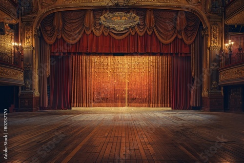 An empty theater stage with a wooden floor and red curtains, set for a performance